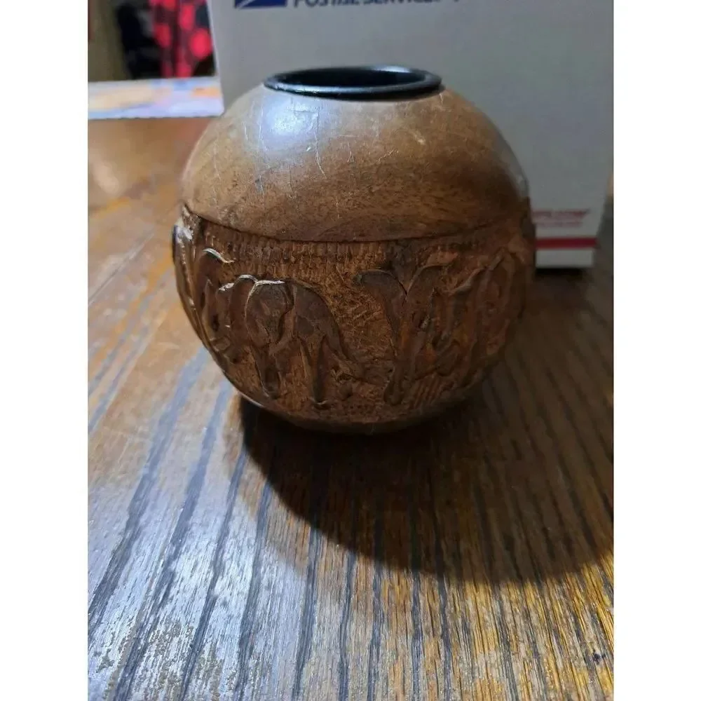 Vintage Hand Carved Rosewood Elephant Candle Votive Cup Holder Round Ball